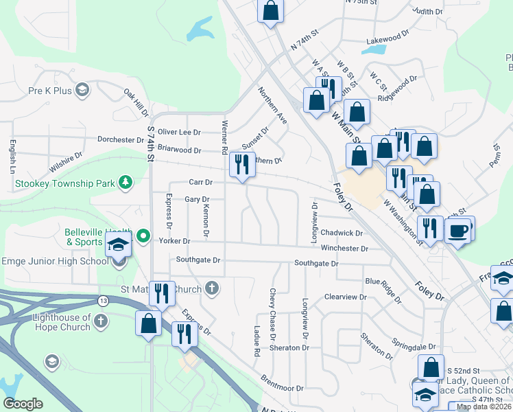 map of restaurants, bars, coffee shops, grocery stores, and more near 320 Country Club Acres in Belleville