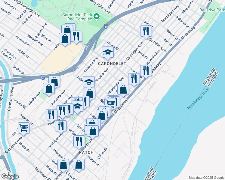 map of restaurants, bars, coffee shops, grocery stores, and more near 7200 Minnesota Avenue in St. Louis