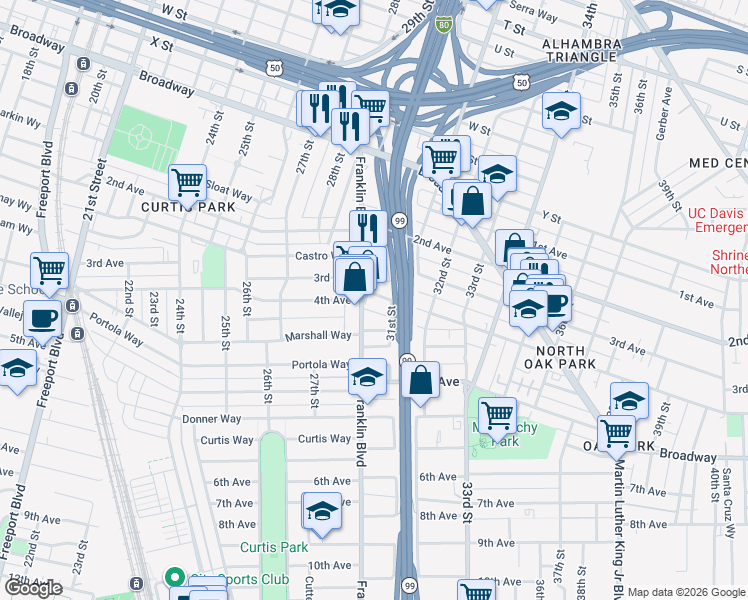 map of restaurants, bars, coffee shops, grocery stores, and more near 2916 Franklin Boulevard in Sacramento