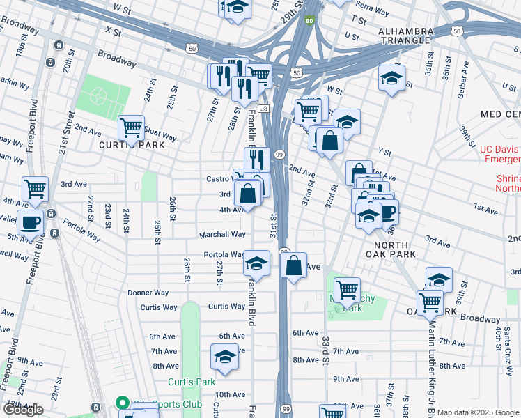 map of restaurants, bars, coffee shops, grocery stores, and more near 3012 4th Avenue in Sacramento