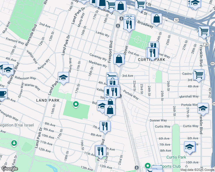 map of restaurants, bars, coffee shops, grocery stores, and more near 2004 4th Avenue in Sacramento