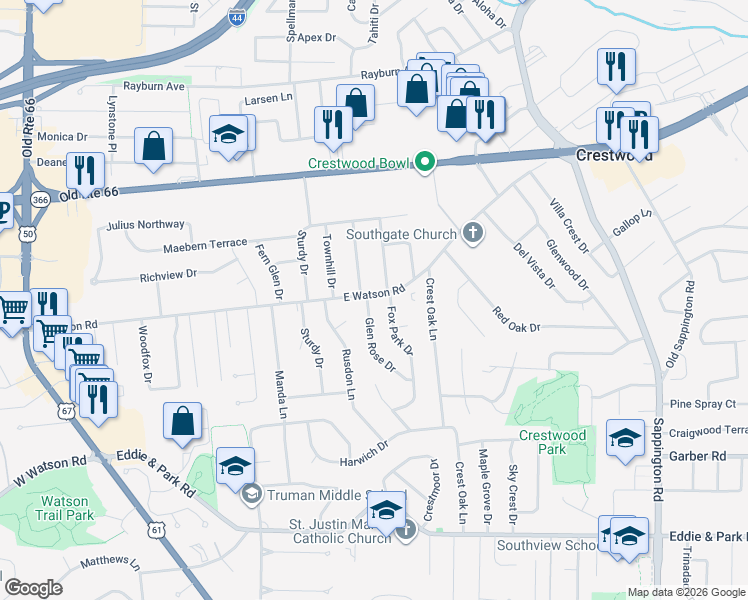 map of restaurants, bars, coffee shops, grocery stores, and more near 8819 Fox Park Drive in St. Louis