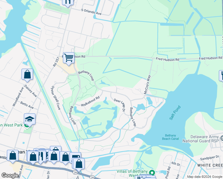 map of restaurants, bars, coffee shops, grocery stores, and more near 635 Bethany Loop in Bethany Beach