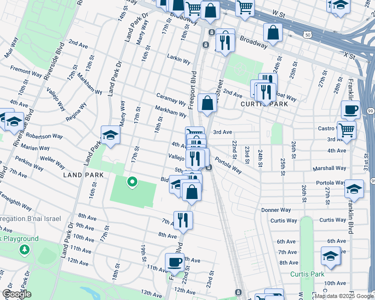 map of restaurants, bars, coffee shops, grocery stores, and more near 2004 4th Avenue in Sacramento
