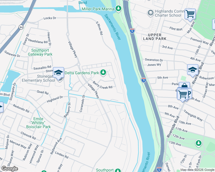 map of restaurants, bars, coffee shops, grocery stores, and more near 1287 Berry Creek Road in West Sacramento
