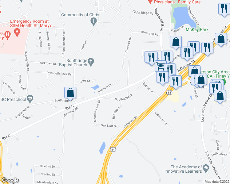 map of restaurants, bars, coffee shops, grocery stores, and more near 2301 Southridge Drive in Jefferson City