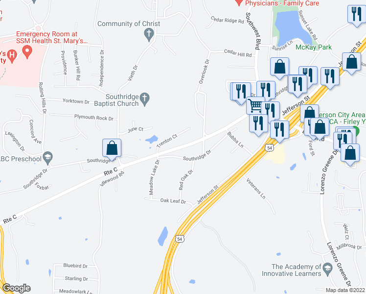 map of restaurants, bars, coffee shops, grocery stores, and more near Southridge Drive in Jefferson City