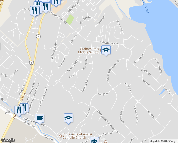 map of restaurants, bars, coffee shops, grocery stores, and more near 18318 Sharon Road in Triangle