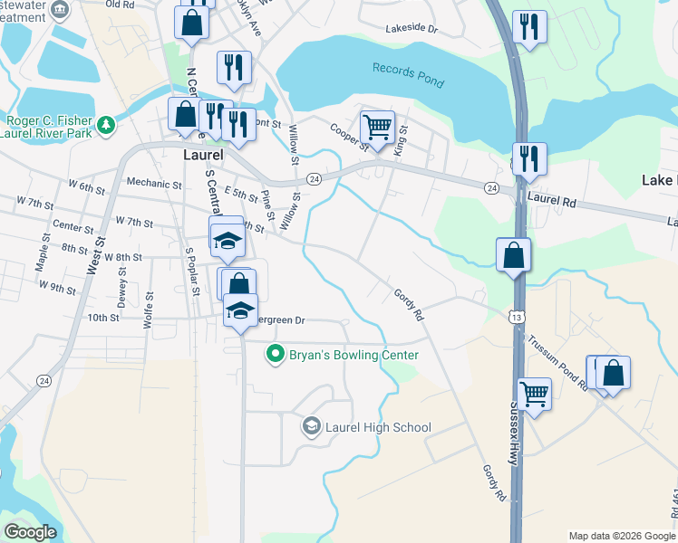 map of restaurants, bars, coffee shops, grocery stores, and more near 320 East 6th Street in Laurel