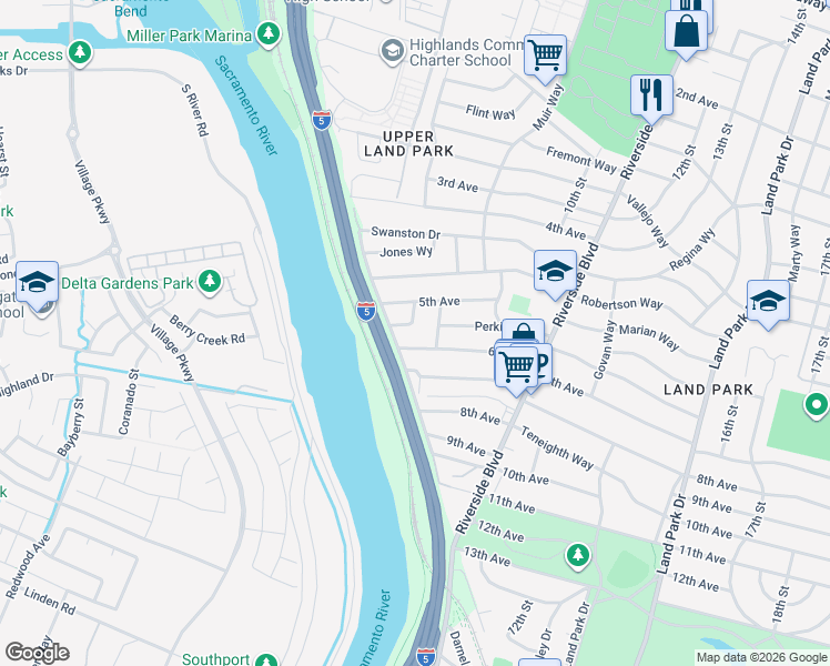 map of restaurants, bars, coffee shops, grocery stores, and more near 3101 Santa Buena Way in Sacramento