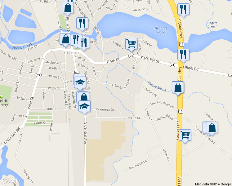 map of restaurants, bars, coffee shops, grocery stores, and more near 320 East 6th Street in Laurel