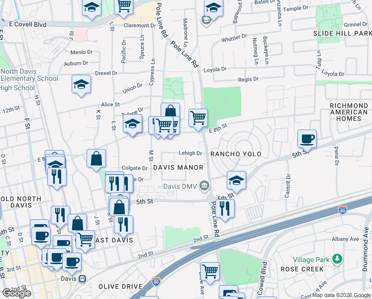 map of restaurants, bars, coffee shops, grocery stores, and more near 650 Lessley Place in Davis