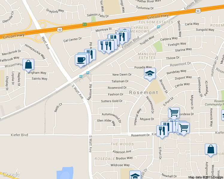 map of restaurants, bars, coffee shops, grocery stores, and more near 8944 Fashion Drive in Sacramento