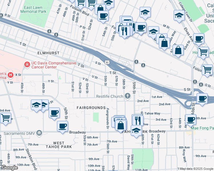 map of restaurants, bars, coffee shops, grocery stores, and more near 2601 56th Street in Sacramento
