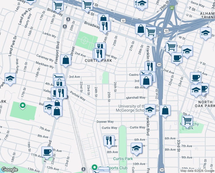 map of restaurants, bars, coffee shops, grocery stores, and more near 2926 25th Street in Sacramento