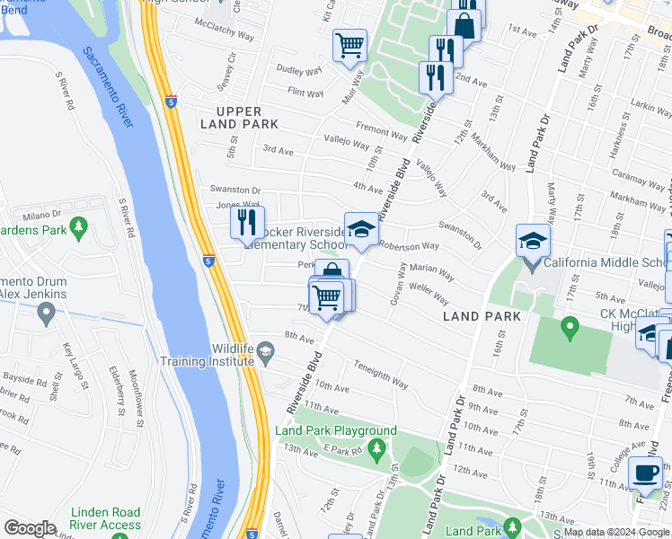 map of restaurants, bars, coffee shops, grocery stores, and more near 1077 6th Avenue in Sacramento