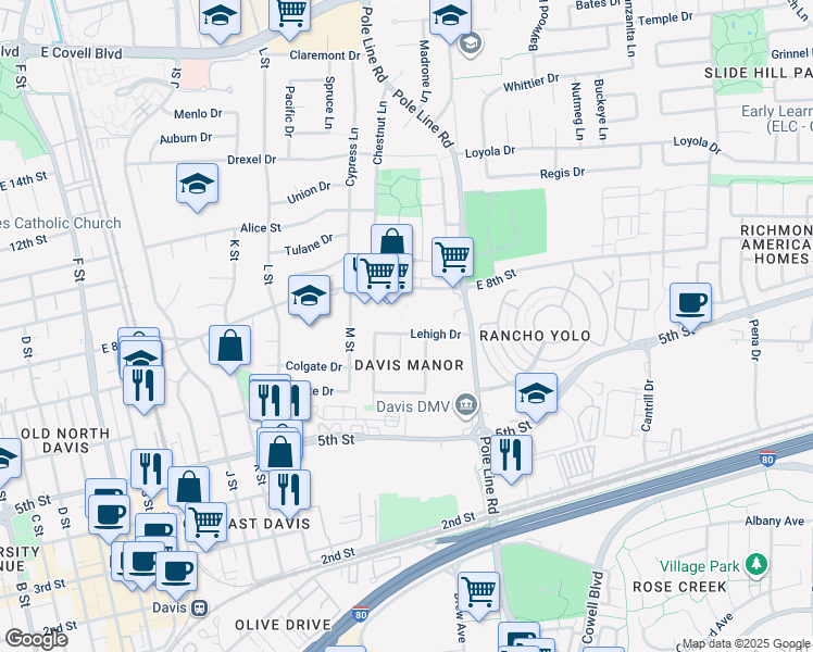 map of restaurants, bars, coffee shops, grocery stores, and more near 650 Lessley Place in Davis