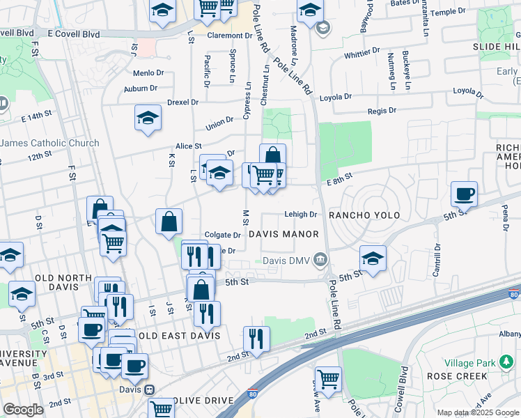 map of restaurants, bars, coffee shops, grocery stores, and more near 725 N Street in Davis