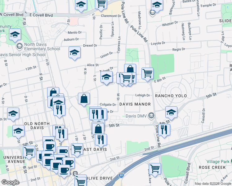 map of restaurants, bars, coffee shops, grocery stores, and more near 719 M Street in Davis