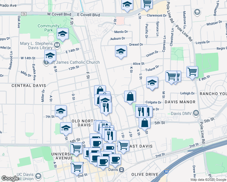map of restaurants, bars, coffee shops, grocery stores, and more near 730 J Street in Davis