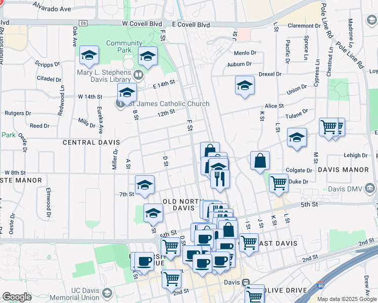 map of restaurants, bars, coffee shops, grocery stores, and more near 615-A/B East 8th Street in Davis