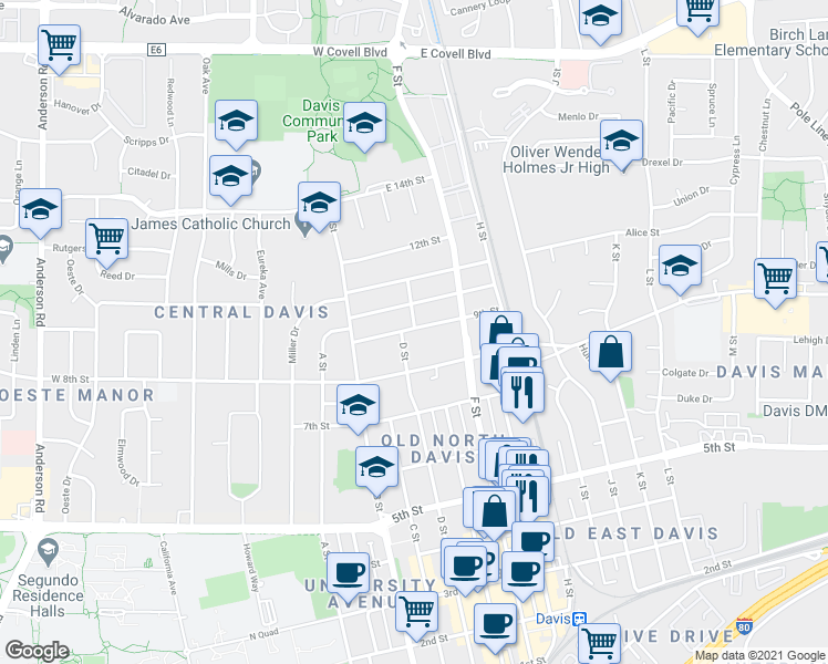 map of restaurants, bars, coffee shops, grocery stores, and more near 822 D Street in Davis
