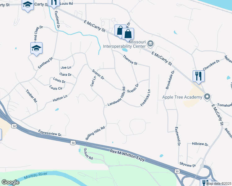 map of restaurants, bars, coffee shops, grocery stores, and more near 318 Landwehr Hills Road in Jefferson City