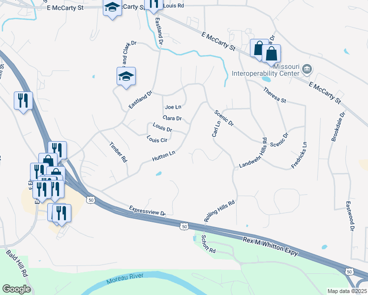 map of restaurants, bars, coffee shops, grocery stores, and more near 413 Hutton Lane in Jefferson City