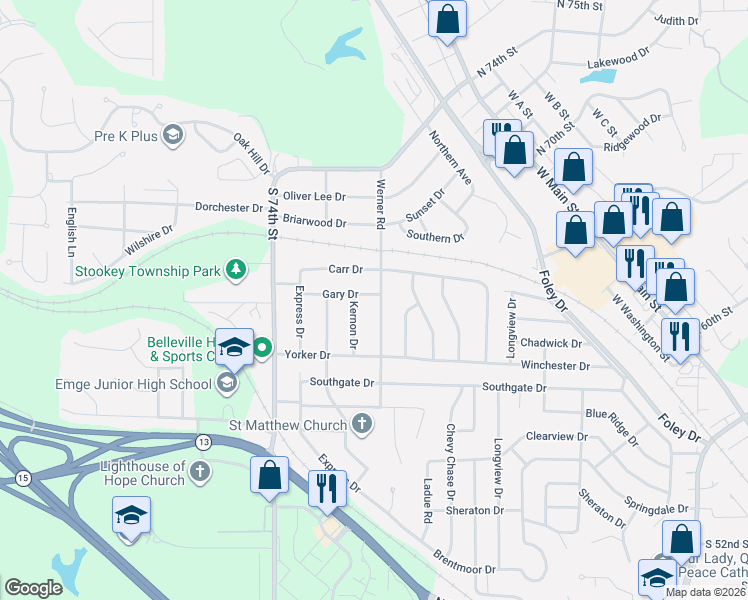 map of restaurants, bars, coffee shops, grocery stores, and more near 918 Werner Road in Belleville