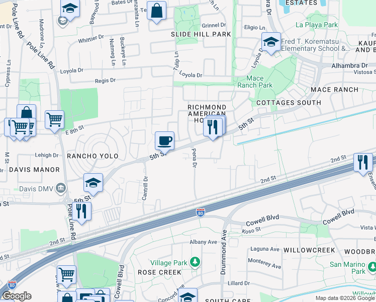 map of restaurants, bars, coffee shops, grocery stores, and more near 2744 Del Rio Place in Davis