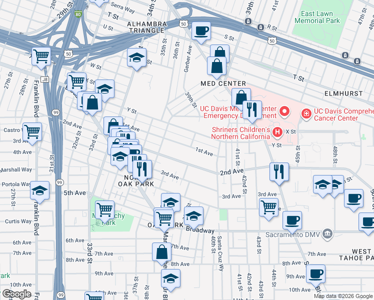 map of restaurants, bars, coffee shops, grocery stores, and more near 3820 1st Avenue in Sacramento
