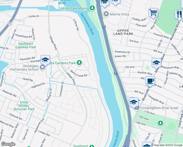 map of restaurants, bars, coffee shops, grocery stores, and more near 1215 Berry Creek Road in West Sacramento