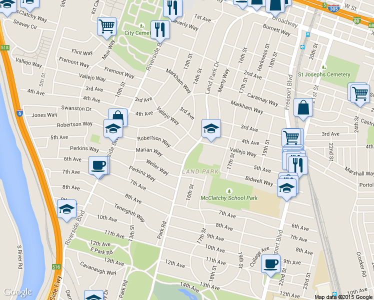 map of restaurants, bars, coffee shops, grocery stores, and more near 2950 Land Park Drive in Sacramento