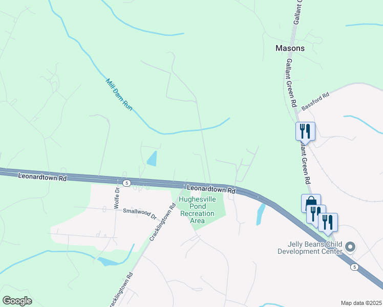 map of restaurants, bars, coffee shops, grocery stores, and more near 5586 Mcbride Place in Hughesville