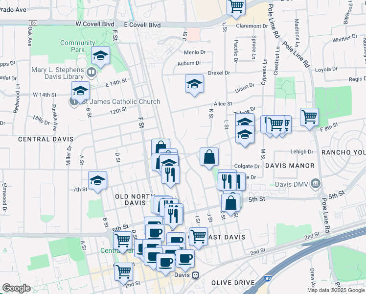 map of restaurants, bars, coffee shops, grocery stores, and more near J Street in Davis