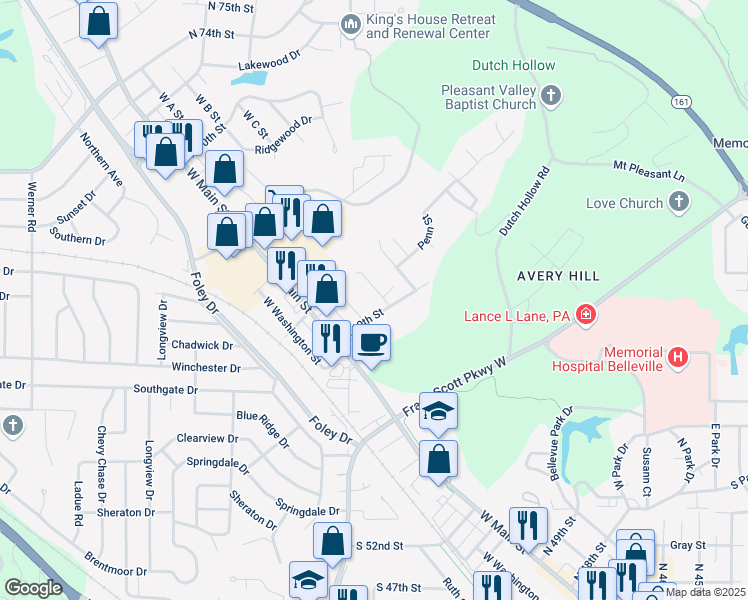 map of restaurants, bars, coffee shops, grocery stores, and more near 6011 West B Street in Belleville