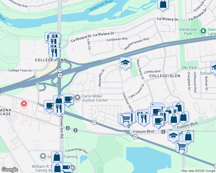 map of restaurants, bars, coffee shops, grocery stores, and more near 2652 Bridgeport Way in Sacramento
