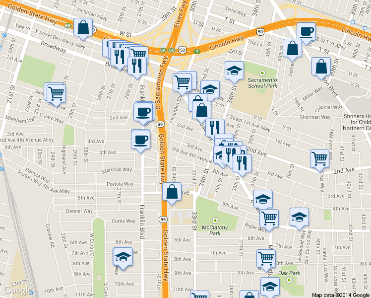 map of restaurants, bars, coffee shops, grocery stores, and more near 3222 2nd Avenue in Sacramento