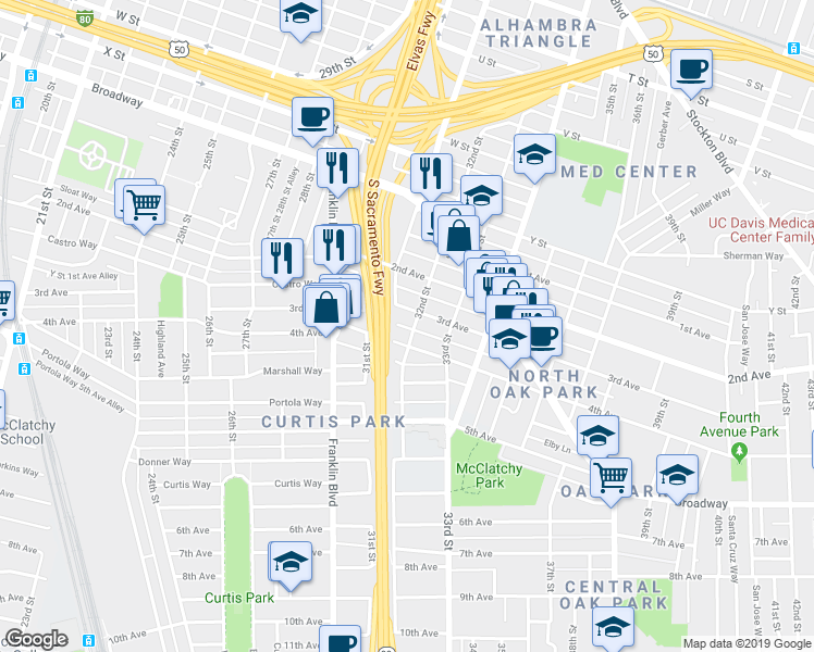map of restaurants, bars, coffee shops, grocery stores, and more near 3139 3rd Avenue in Sacramento