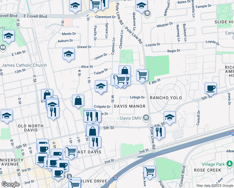 map of restaurants, bars, coffee shops, grocery stores, and more near 1640 East 8th Street in Davis