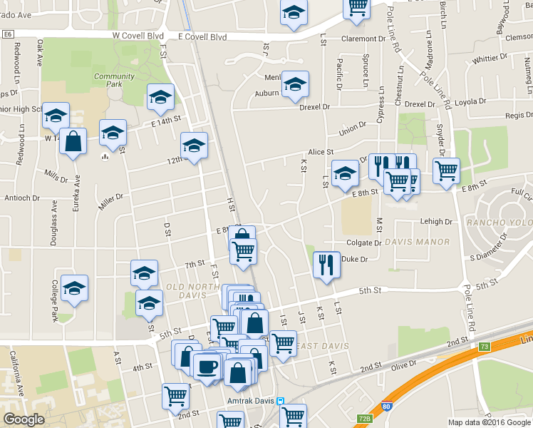 map of restaurants, bars, coffee shops, grocery stores, and more near 1016 Columbia Place in Davis