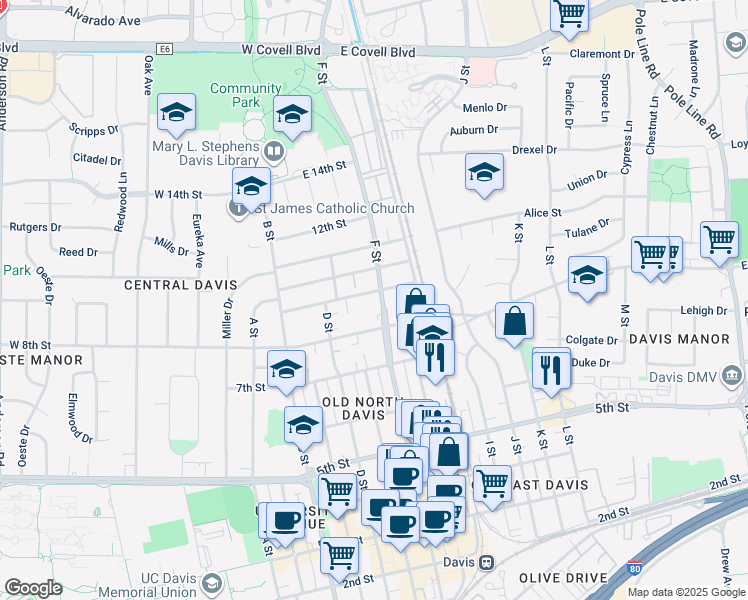 map of restaurants, bars, coffee shops, grocery stores, and more near 979 F Street in Davis