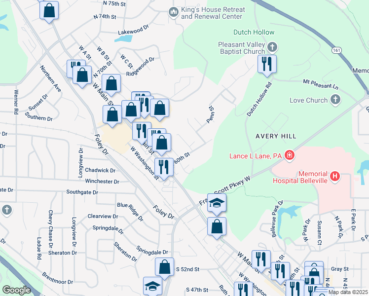 map of restaurants, bars, coffee shops, grocery stores, and more near 6011 West B Street in Belleville