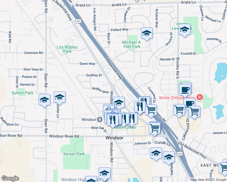 map of restaurants, bars, coffee shops, grocery stores, and more near in Windsor