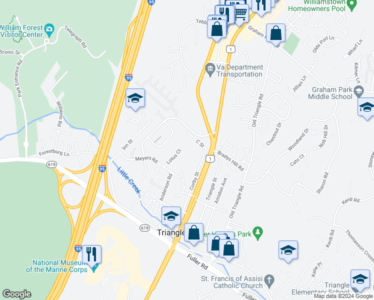 map of restaurants, bars, coffee shops, grocery stores, and more near 18421 Lotus Court in Triangle