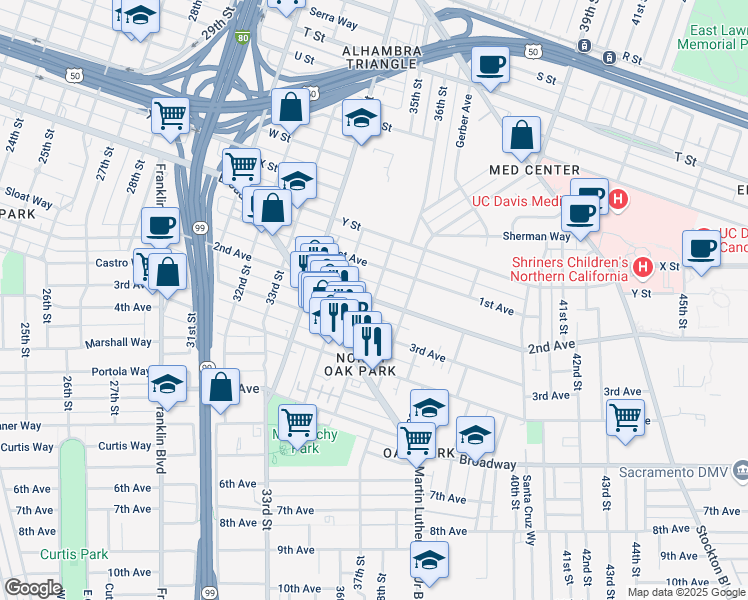 map of restaurants, bars, coffee shops, grocery stores, and more near 2nd Ave & 36th St in Sacramento