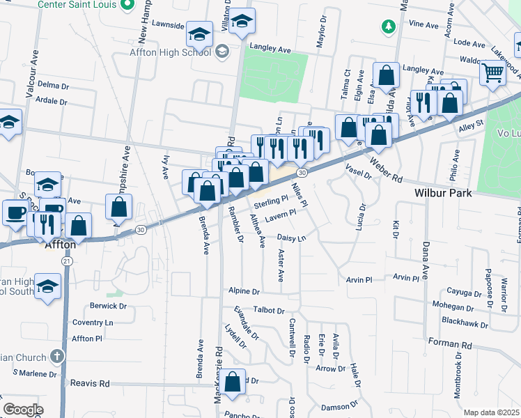 map of restaurants, bars, coffee shops, grocery stores, and more near 9422 Gravois Road in Affton