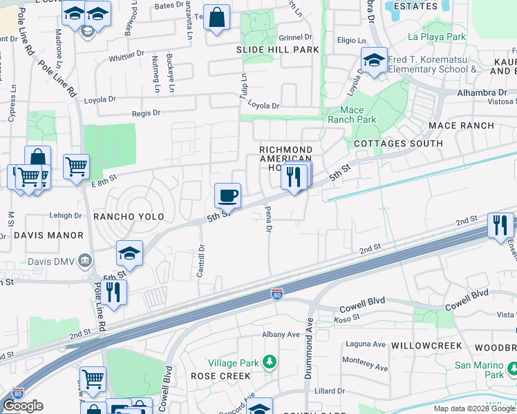 map of restaurants, bars, coffee shops, grocery stores, and more near 2746 5th Street in Davis