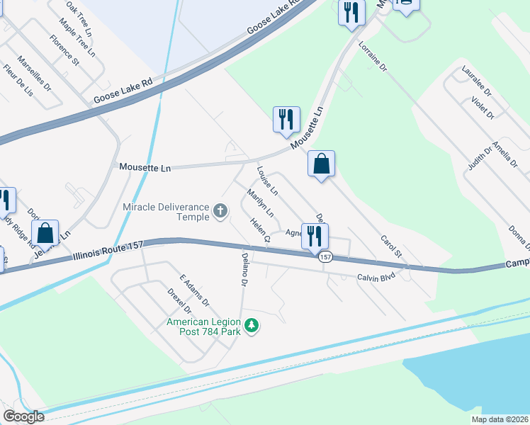 map of restaurants, bars, coffee shops, grocery stores, and more near 26 Marilyn Lane in Cahokia