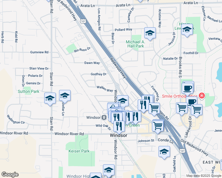 map of restaurants, bars, coffee shops, grocery stores, and more near in Windsor